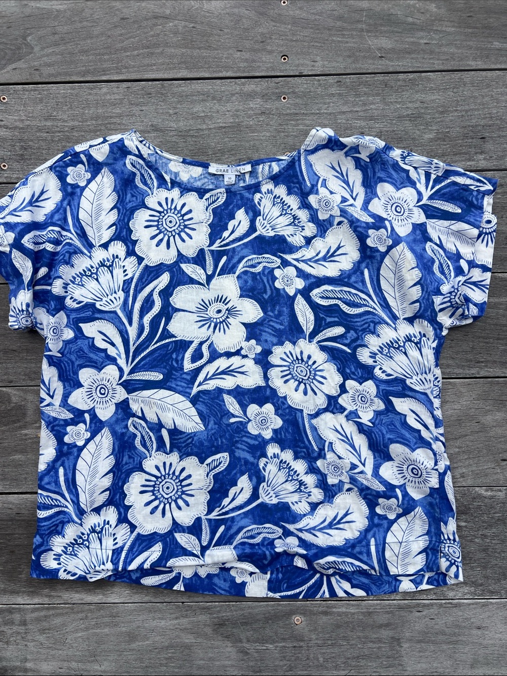 Grae Linen -  Blue and White Floral Top